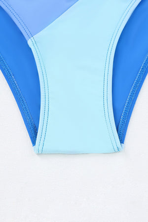 Sky Blue Ombre Color Block Tie Shoulder Bikini High Waist Swimsuit