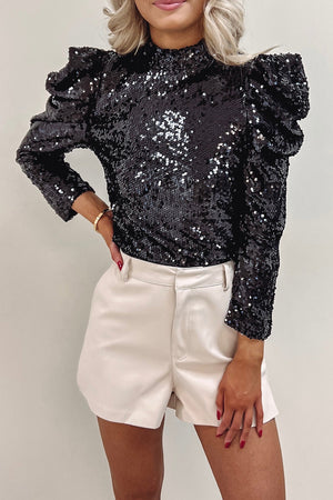 Top con mangas abullonadas y cuello simulado de lentejuelas negras