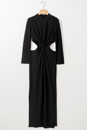 Black Ribbed Twist Cutout Long Sleeve Dress