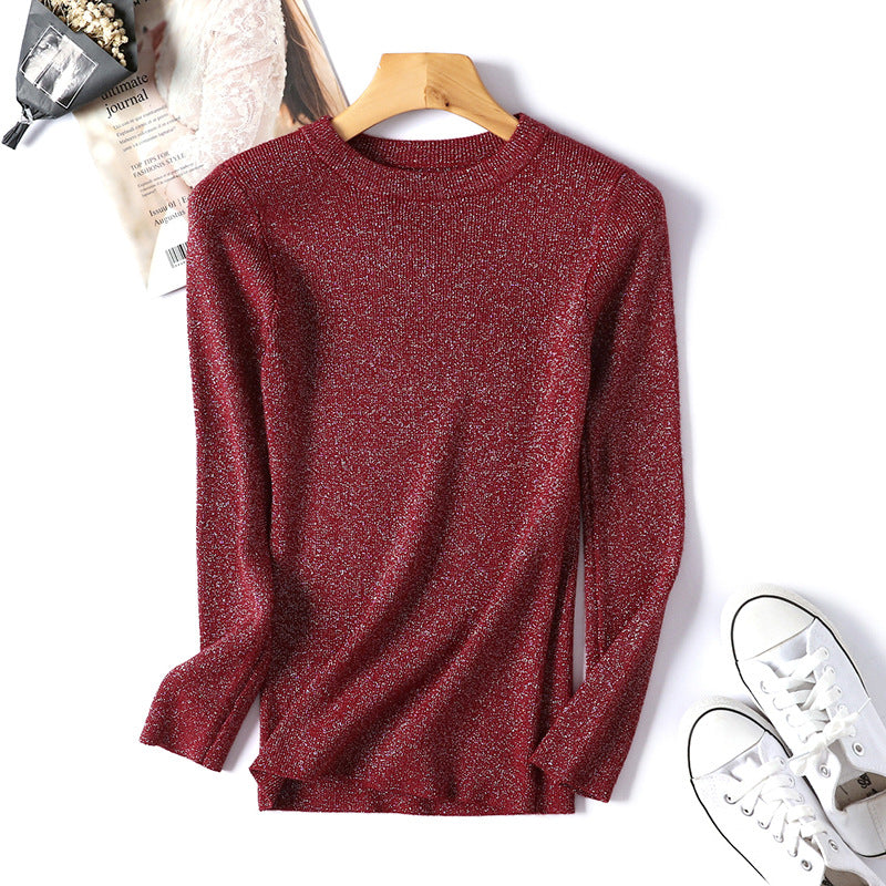AB06QX Sweater Women's 2018 Korean Style Long Sleeve Round Neck Sweater Women's Knitted Bright Line Sexy Slim-Fit Base Shirt