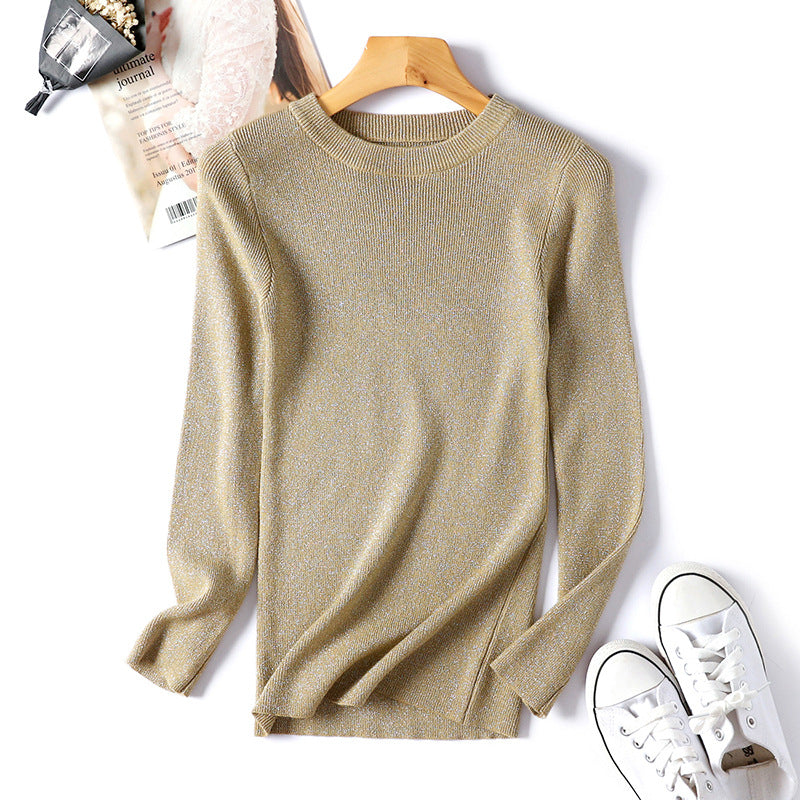 AB06QX Sweater Women's 2018 Korean Style Long Sleeve Round Neck Sweater Women's Knitted Bright Line Sexy Slim-Fit Base Shirt