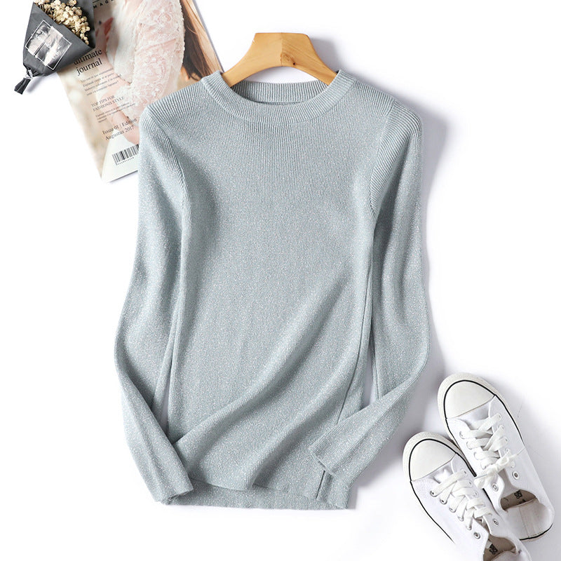 AB06QX Sweater Women's 2018 Korean Style Long Sleeve Round Neck Sweater Women's Knitted Bright Line Sexy Slim-Fit Base Shirt