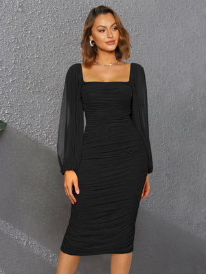 Amazon Explosions One-Step Dress Light Dress Bridesmaid Dress Lace Stitching Dress Toasting Dress Square Collar Split Long Dress