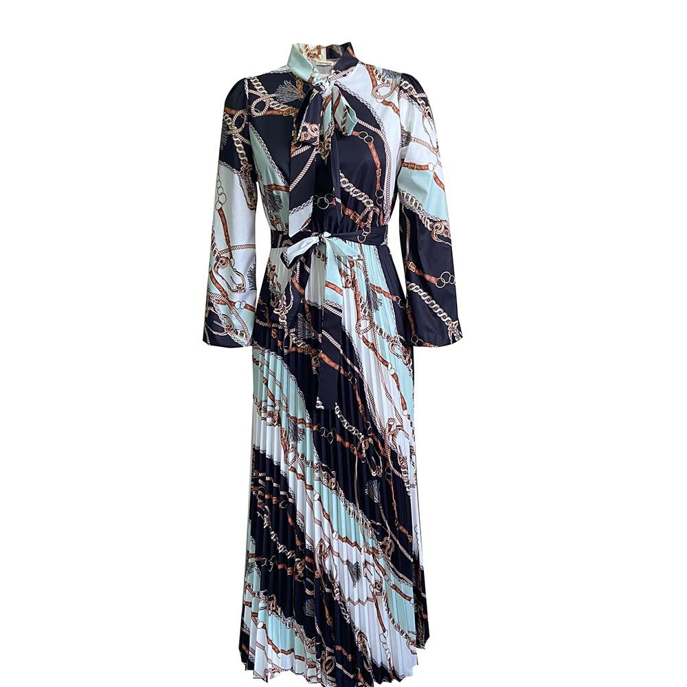AB10ATE D211 Cross-border New 2022 Spring Long Sleeve Printed Pleated Strap Tongle European And American Long Skirt Plus Size Foreign Trade Dress