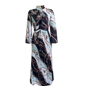 AB10ATE D211 Cross-border New 2022 Spring Long Sleeve Printed Pleated Strap Tongle European And American Long Skirt Plus Size Foreign Trade Dress