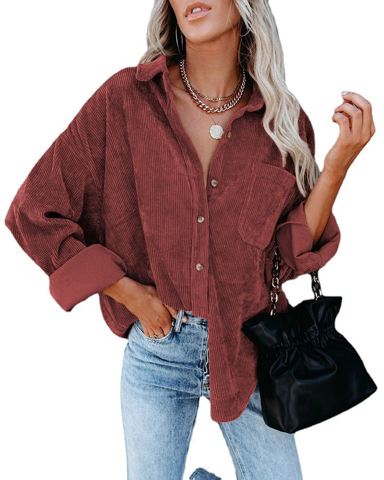 AB09HL Cross-border European And American Women's Clothing Amazon Independent Station Women's Corduroy Casual Loose Pocket Long Sleeve Shirt Jacket