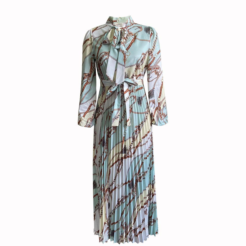 AB10ATE D211 Cross-border New 2022 Spring Long Sleeve Printed Pleated Strap Tongle European And American Long Skirt Plus Size Foreign Trade Dress