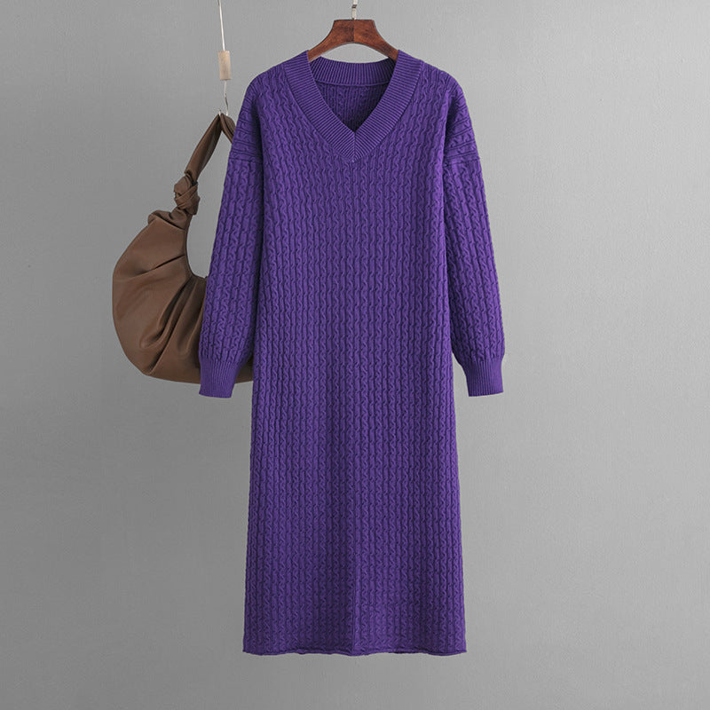 AB06QX Mid-length Autumn And Winter Knitted Dress Women's 2023 New V-neck Twist Base Sweater Skirt Back Split