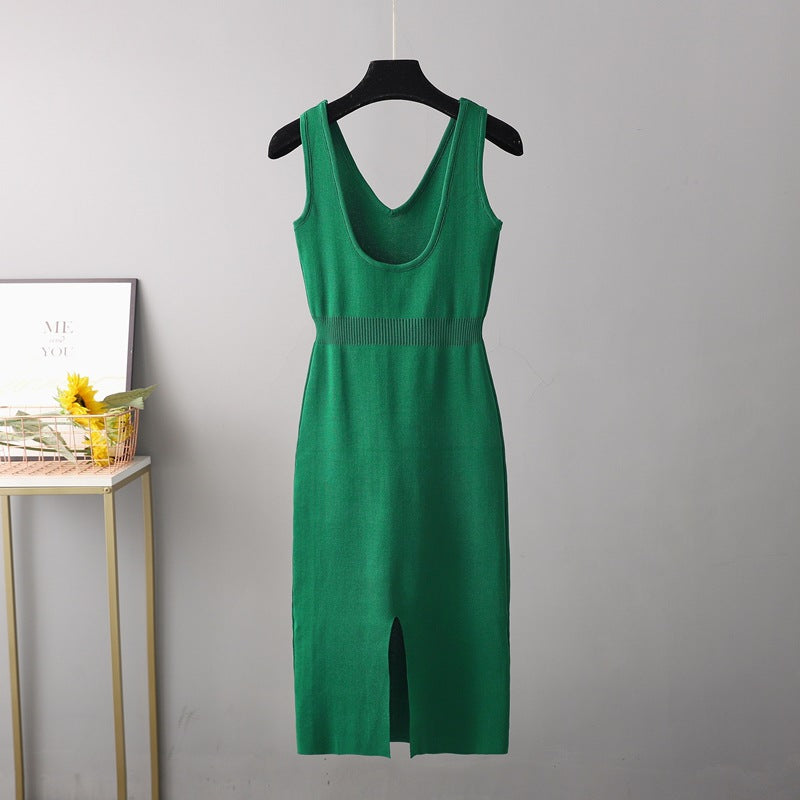AB06QX French Retro Sexy Backless Knitted Sling Dress High Waist Slimming Split Mid-Length Dress Women's Autumn