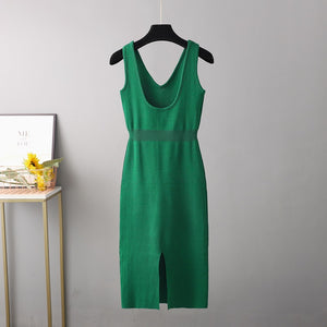 AB06QX French Retro Sexy Backless Knitted Sling Dress High Waist Slimming Split Mid-Length Dress Women's Autumn