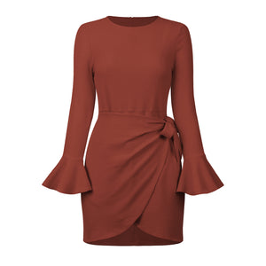 2022 Autumn And Winter Women's New Hot-selling Bell Sleeve High Waist Skirt Waffle Strap Dress Long Sleeve Skirt