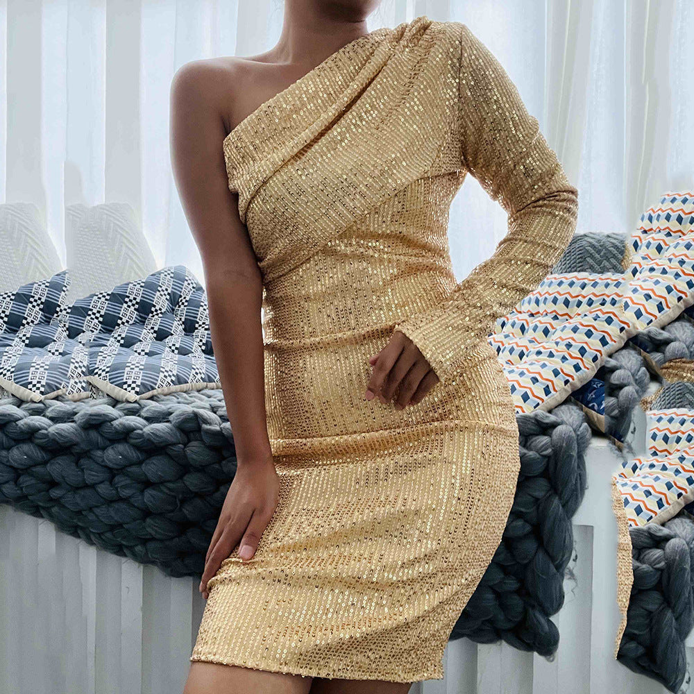 AB05SC 2023 Cross-border Foreign Trade Europe And The United States Single Shoulder Dress Oblique Collar Wrap Chest Evening Dress Fashion Sequins Nightclub Sexy Women's Clothing