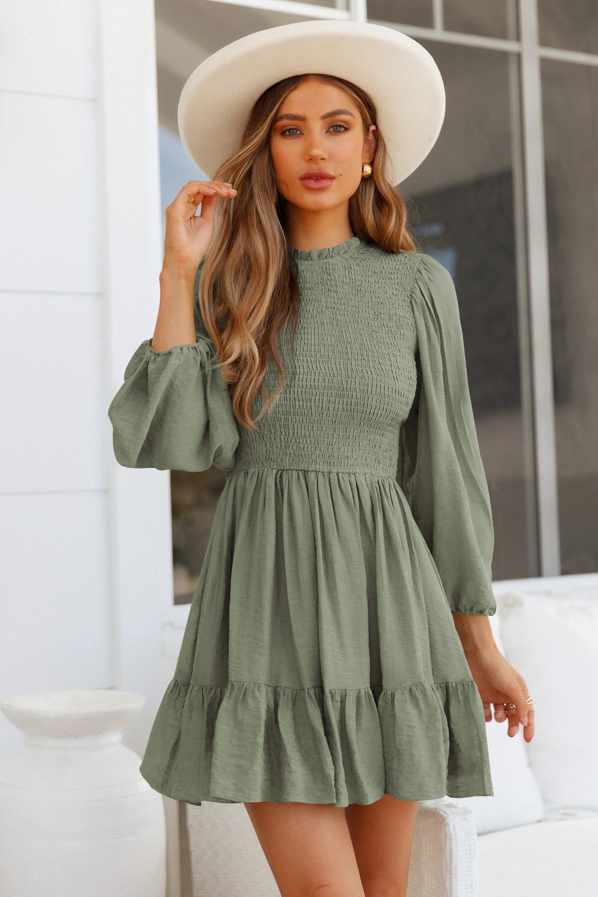 AB07MD Cross-border Hot Sale New European And American Autumn Fashion Women's Long Sleeve Ruffled Dress Temperament High-end French Skirt