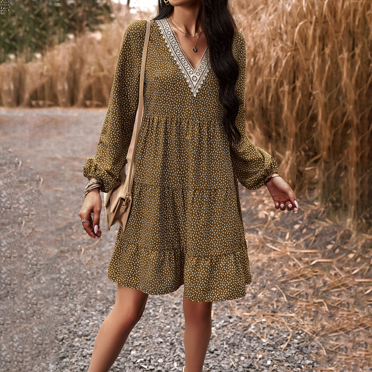 AB01DY Dress Amazon Independent Station Foreign Trade 2023 Autumn Temperament Casual V-neck Long Sleeve Dress