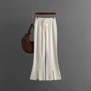 AB06QX 2023 Autumn And Winter New Women's European And American Style Solid Color Split Horn Knitted Trousers Wool Pants