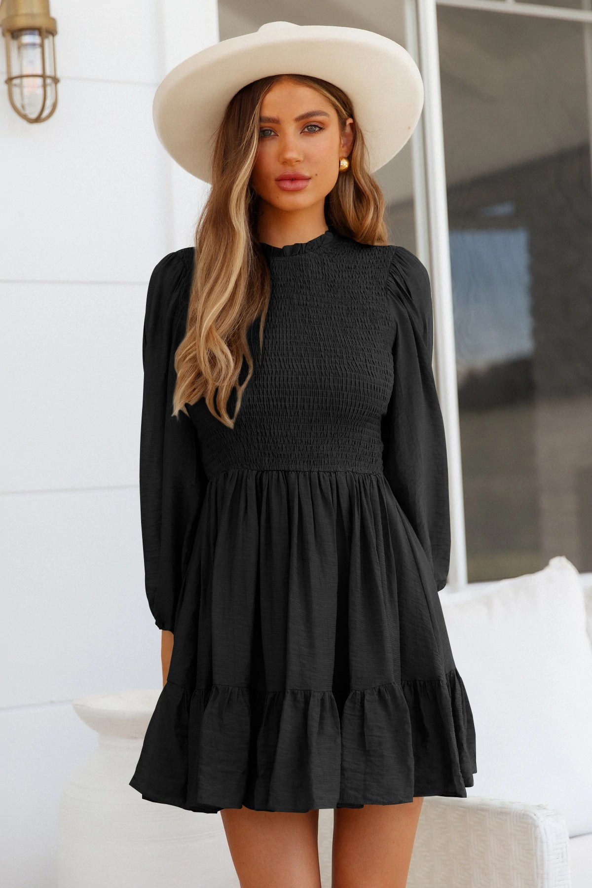 AB07MD Cross-border Hot Sale New European And American Autumn Fashion Women's Long Sleeve Ruffled Dress Temperament High-end French Skirt