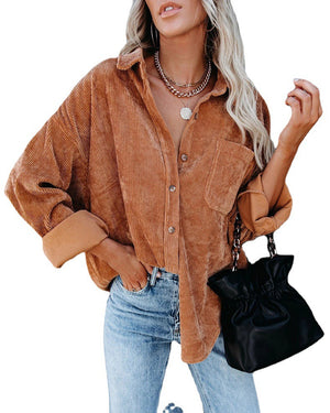 AB09HL Cross-border European And American Women's Clothing Amazon Independent Station Women's Corduroy Casual Loose Pocket Long Sleeve Shirt Jacket