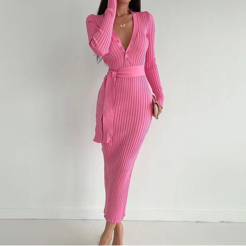 Ab03cs jy23576 outono novo botão de cintura vestido longo elegante fino ajuste de malha pit manga longa cinta vestido feminino