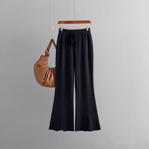 AB06QX 2023 Autumn And Winter New Women's European And American Style Solid Color Split Horn Knitted Trousers Wool Pants