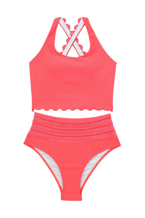 Pink Scalloped Criss Cross High Waist Bikini