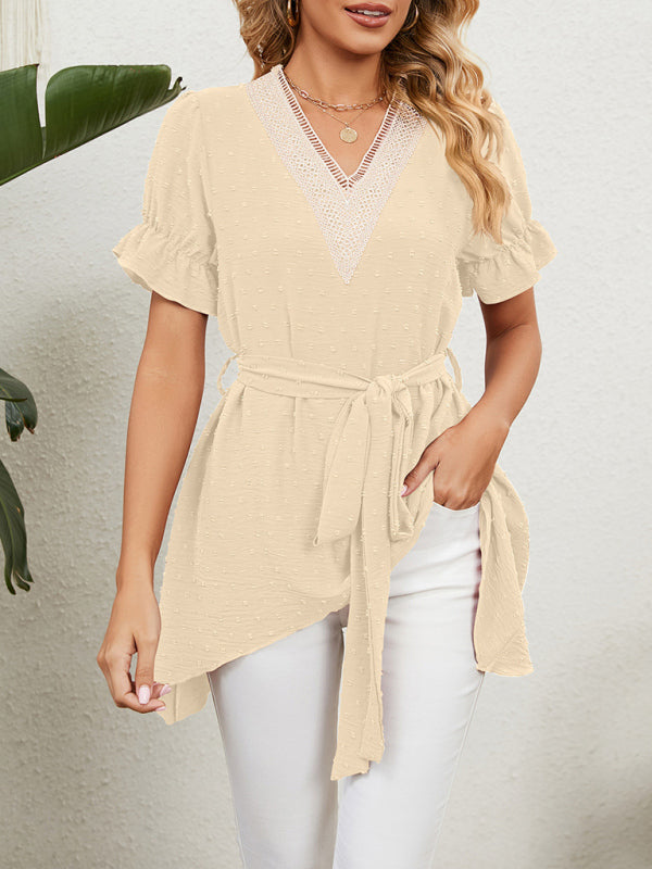Top de manga corta de gasa con lazo suelto y cuello en V tejido jacquard para mujer 