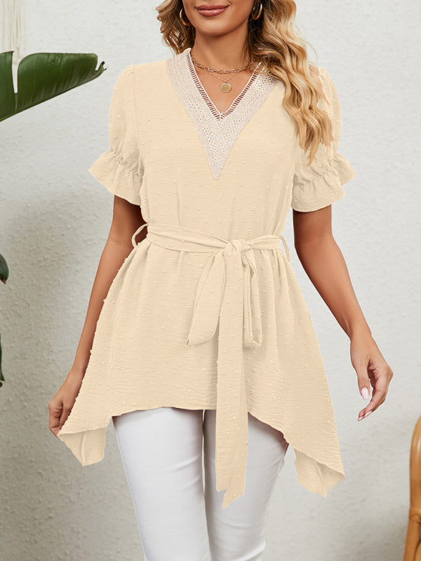 Top de manga corta de gasa con lazo suelto y cuello en V tejido jacquard para mujer 
