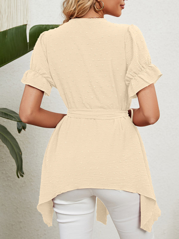 Top de manga corta de gasa con lazo suelto y cuello en V tejido jacquard para mujer 
