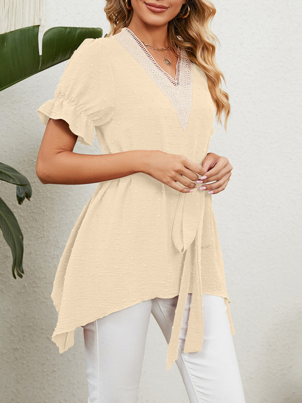 Top de manga corta de gasa con lazo suelto y cuello en V tejido jacquard para mujer 