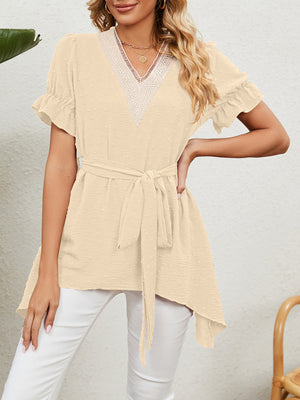 Top de manga corta de gasa con lazo suelto y cuello en V tejido jacquard para mujer 