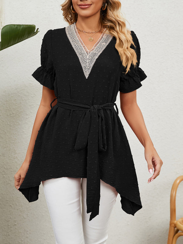 Top de manga corta de gasa con lazo suelto y cuello en V tejido jacquard para mujer 