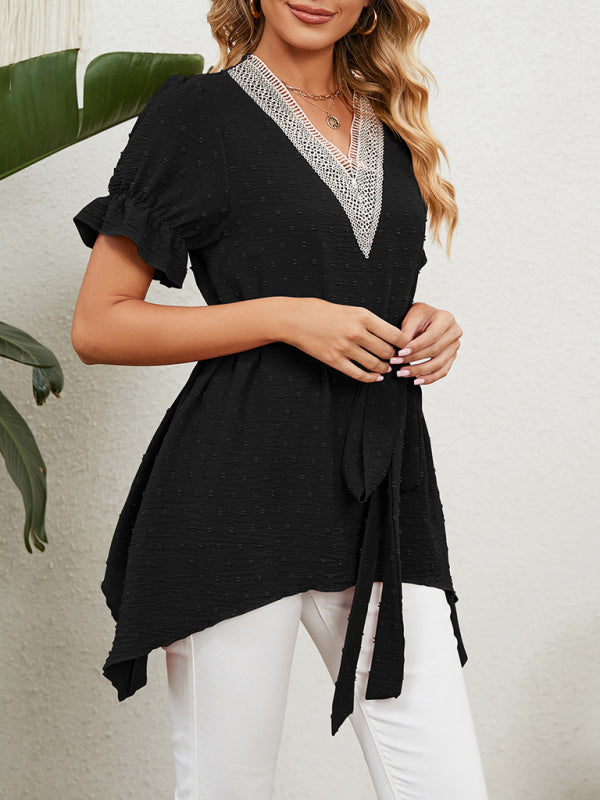 Top de manga corta de gasa con lazo suelto y cuello en V tejido jacquard para mujer 