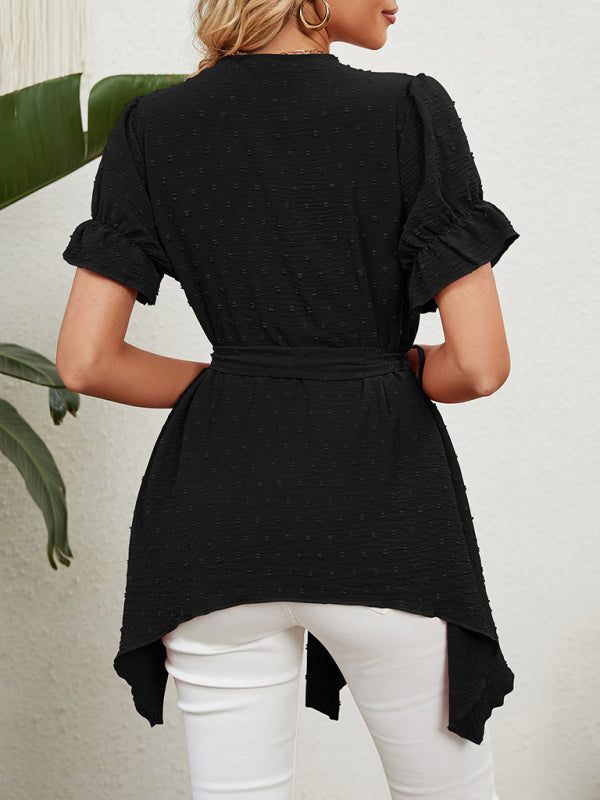 Top de manga corta de gasa con lazo suelto y cuello en V tejido jacquard para mujer 