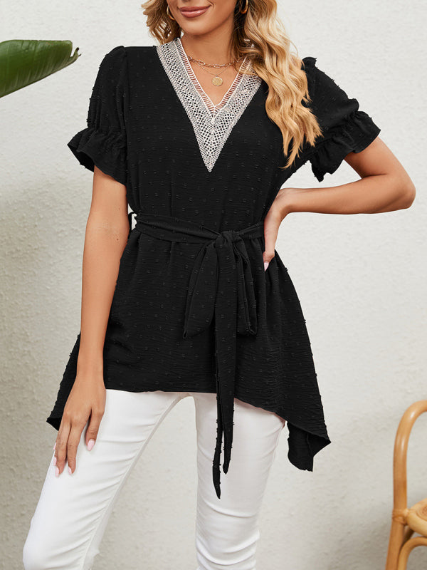 Top de manga corta de gasa con lazo suelto y cuello en V tejido jacquard para mujer 