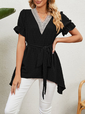 Top de manga corta de gasa con lazo suelto y cuello en V tejido jacquard para mujer 