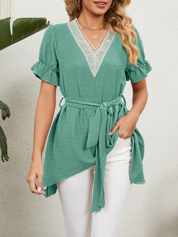 Top de manga corta de gasa con lazo suelto y cuello en V tejido jacquard para mujer 
