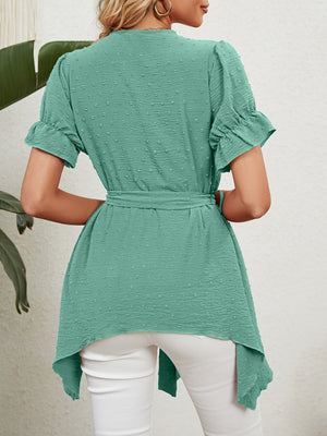 Top de manga corta de gasa con lazo suelto y cuello en V tejido jacquard para mujer 