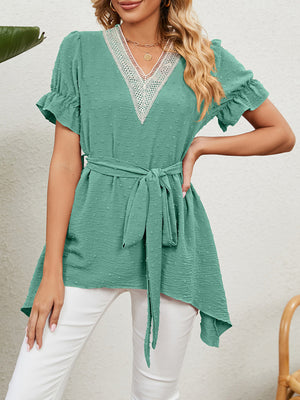 Top de manga corta de gasa con lazo suelto y cuello en V tejido jacquard para mujer 