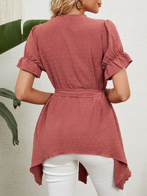 Top de manga corta de gasa con lazo suelto y cuello en V tejido jacquard para mujer 