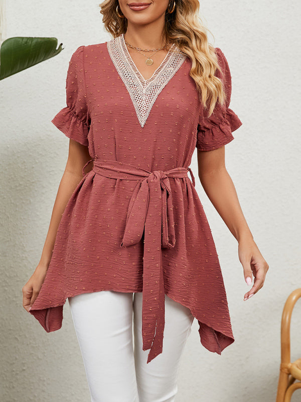 Top de manga corta de gasa con lazo suelto y cuello en V tejido jacquard para mujer 