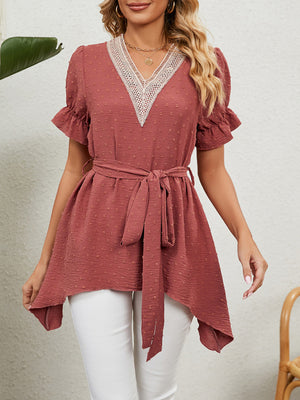 Top de manga corta de gasa con lazo suelto y cuello en V tejido jacquard para mujer 