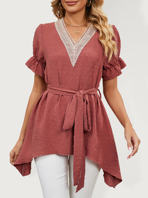 Top de manga corta de gasa con lazo suelto y cuello en V tejido jacquard para mujer 