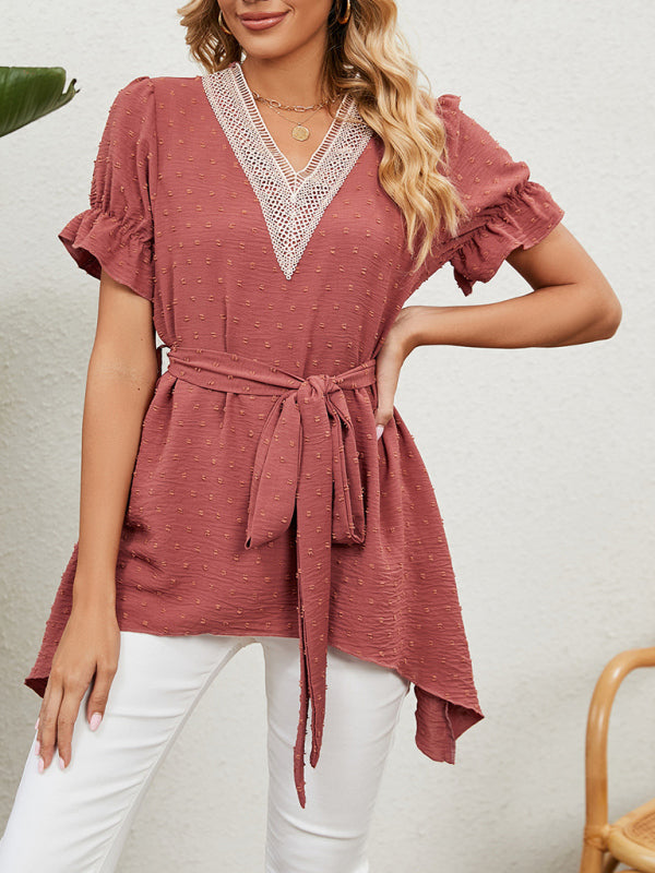 Top de manga corta de gasa con lazo suelto y cuello en V tejido jacquard para mujer 