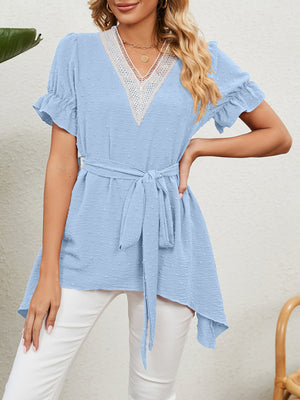 Top de manga corta de gasa con lazo suelto y cuello en V tejido jacquard para mujer 