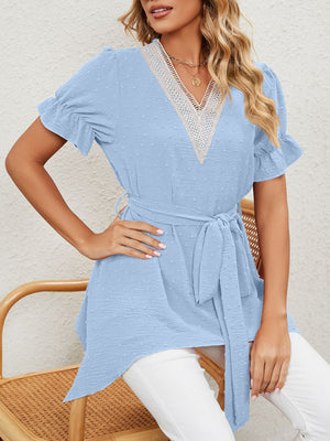 Top de manga corta de gasa con lazo suelto y cuello en V tejido jacquard para mujer 
