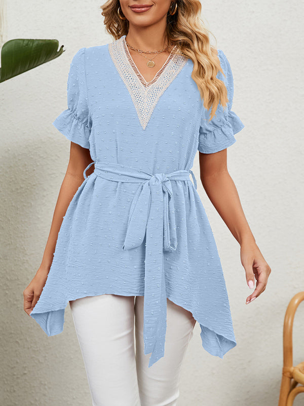 Top de manga corta de gasa con lazo suelto y cuello en V tejido jacquard para mujer 