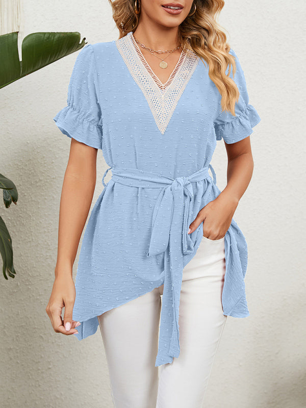 Top de manga corta de gasa con lazo suelto y cuello en V tejido jacquard para mujer 