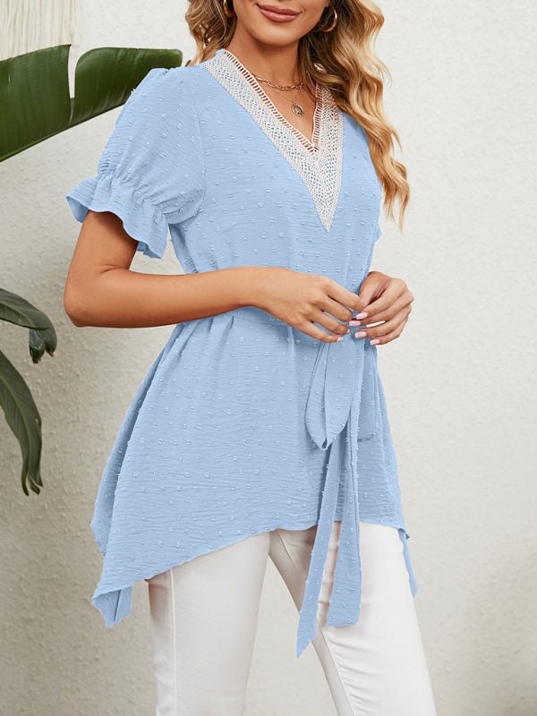 Top de manga corta de gasa con lazo suelto y cuello en V tejido jacquard para mujer 