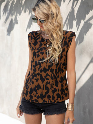 Camiseta sin mangas con estampado de leopardo y cuello redondo informal a la moda tejida para mujer 