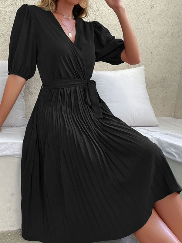 Women's Solid Color Tie V Neck Pleated Dress