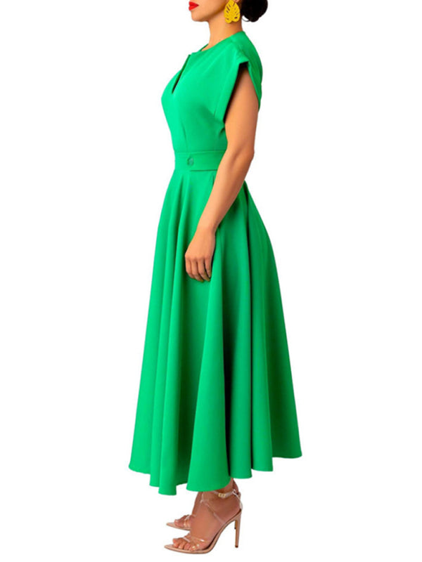 Women's Solid Color Retro Elegant V-Neck Wrapped Sleeves Narrow Waist Stitching Dress